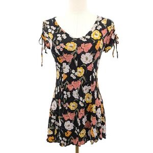 Love Fire Black Floral Mini Dress Y2K Ruched Sleeve Cottagecore S